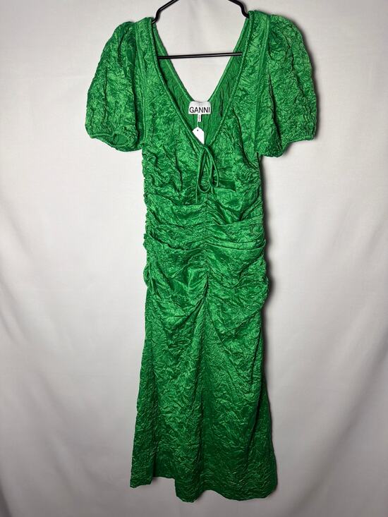 Ganni Dresses & Skirts - GANNI Ruched Crinkle Satin Midi Dress: Green